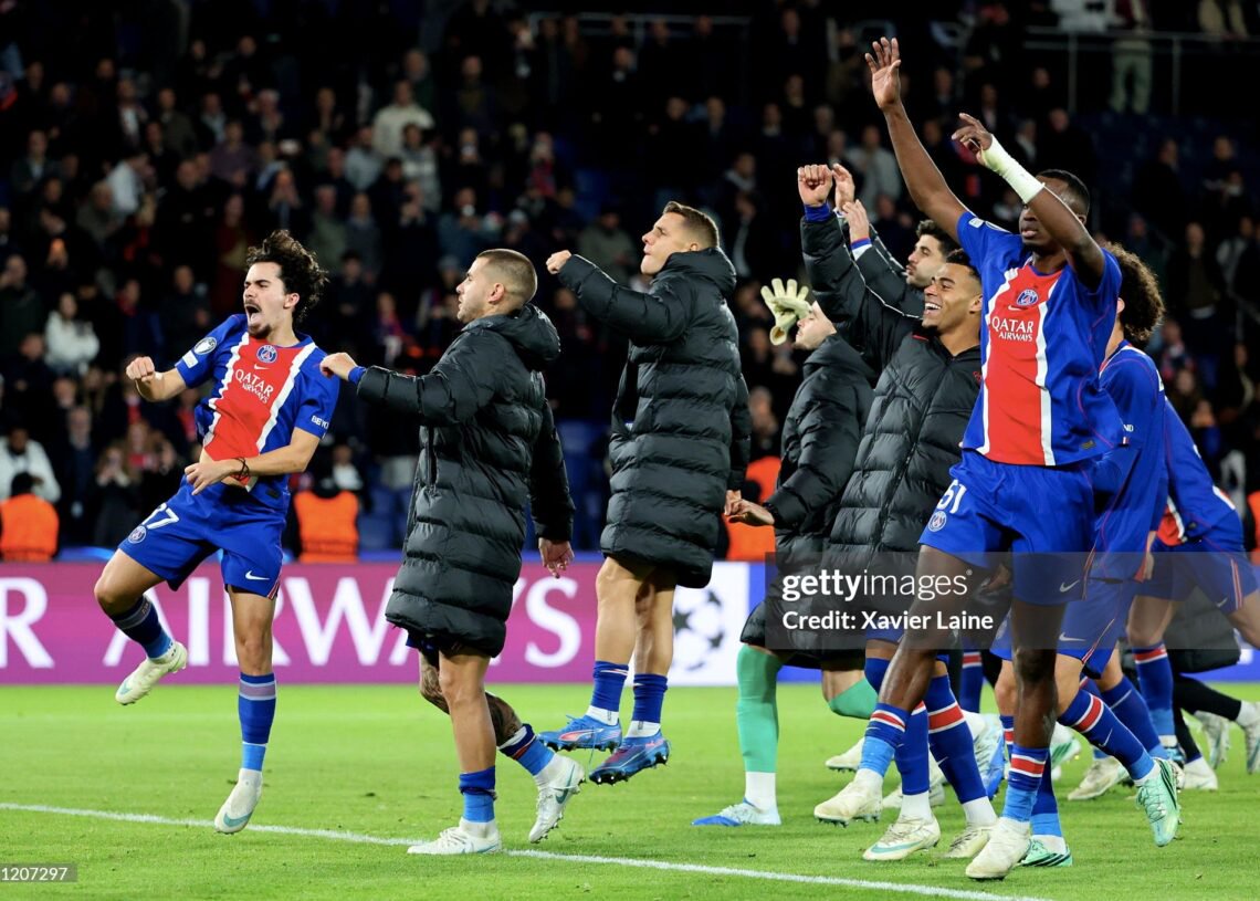 Vitinha #17 of Paris Saint-Germain celebrate the victory with teammates and fans after the UEFA Champions League 2026/27 League Phase MD3 match between Paris Saint-Germain and FC Barcelona (Photo by Xavier Laine/Getty Images)