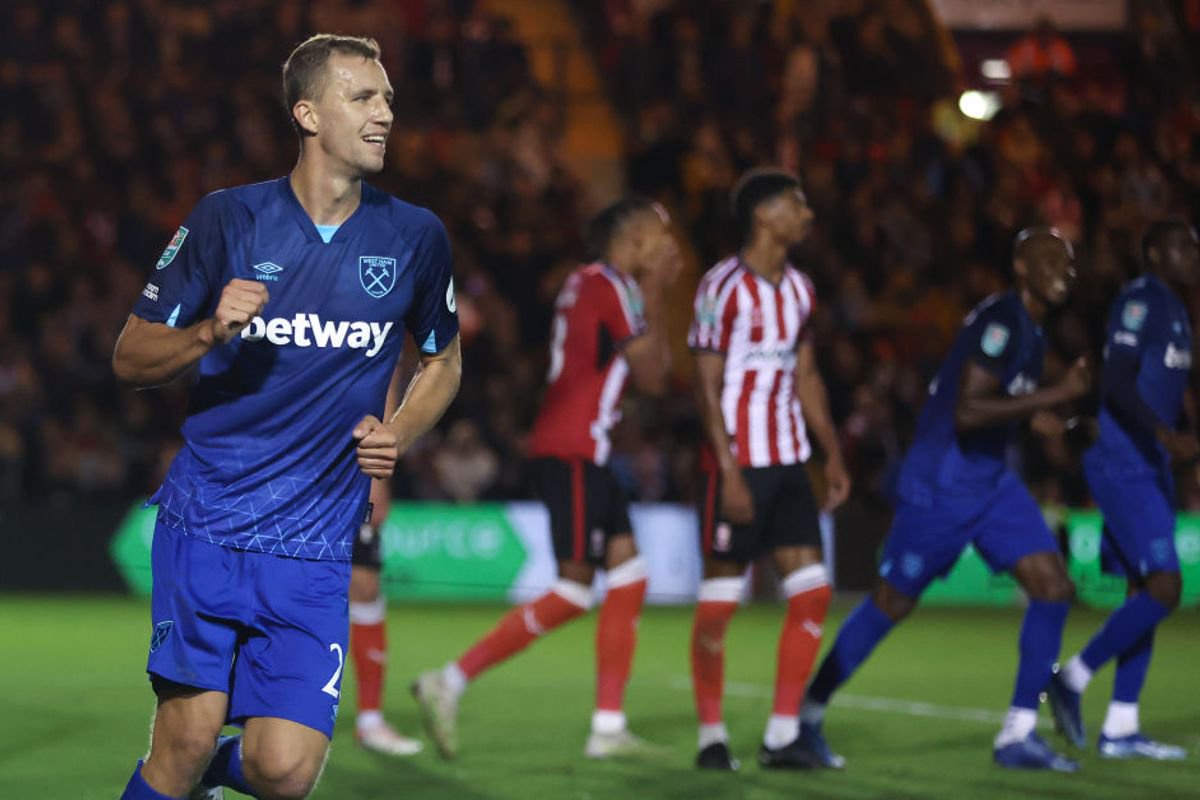 Tomas Soucek after scoring the winner at Lincoln in the League Cup in 2023