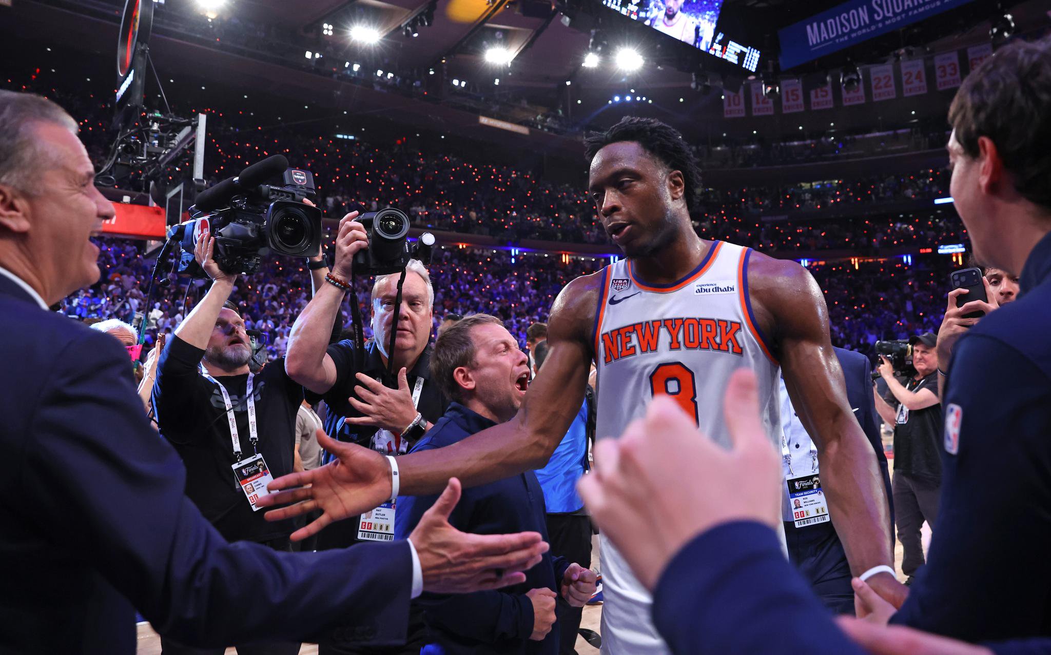 New York Knicks forward Og Anunoby is greeted as he walks off the court at the end of the fourth quarter against the San Antonio Spurs at Madison Square Garden.