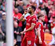 (THE SUN OUT, THE SUN ON SUNDAY OUT) Cody Gakpo of Liverpool celebrates after scoring the third goal during the Premier League match between Liverp...