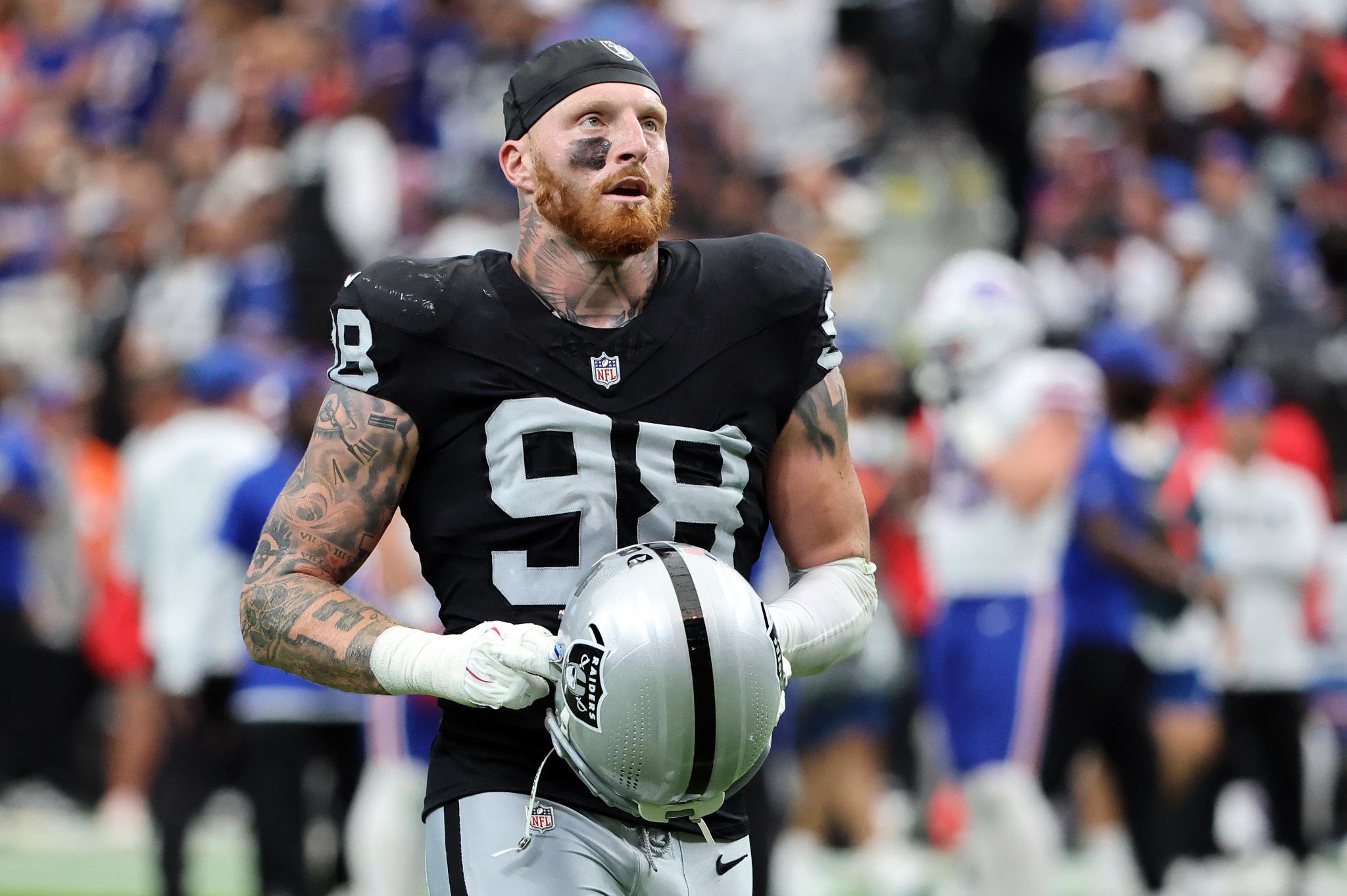 Maxx Crosby (98) of the Las Vegas Raiders looks on in the first quarter of a game against the Buffalo Bills at Allegiant Stadium in Las Vegas, Nevada, Sunday, Oct. 18, 2026.