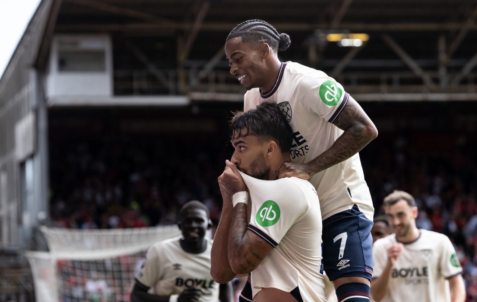 Crysencio Summerville celebrates with Lucas Paqueta after the Brazilian scores for West Ham against Nottingham Forest.