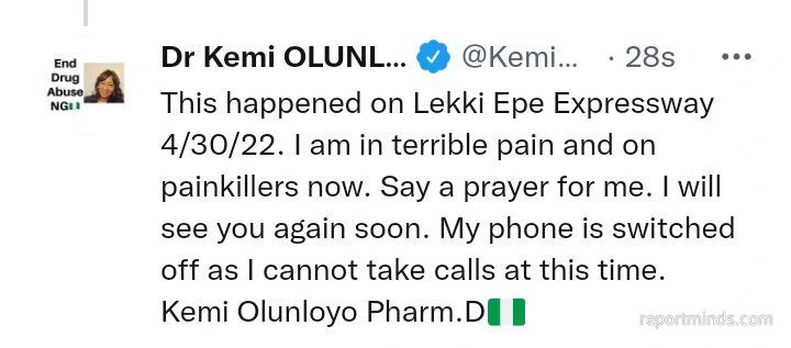 
Famous Journalist Kemi Olunloyo involved in an accident in Lekki 