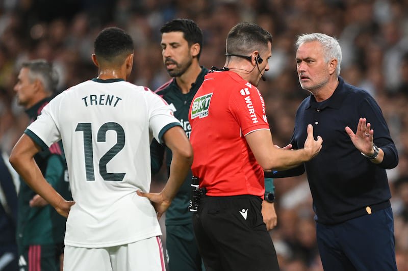 José Mourinho has an exchange of views with the referee during the home game against Villarreal this month. Photograph: Denis Doyle/Getty