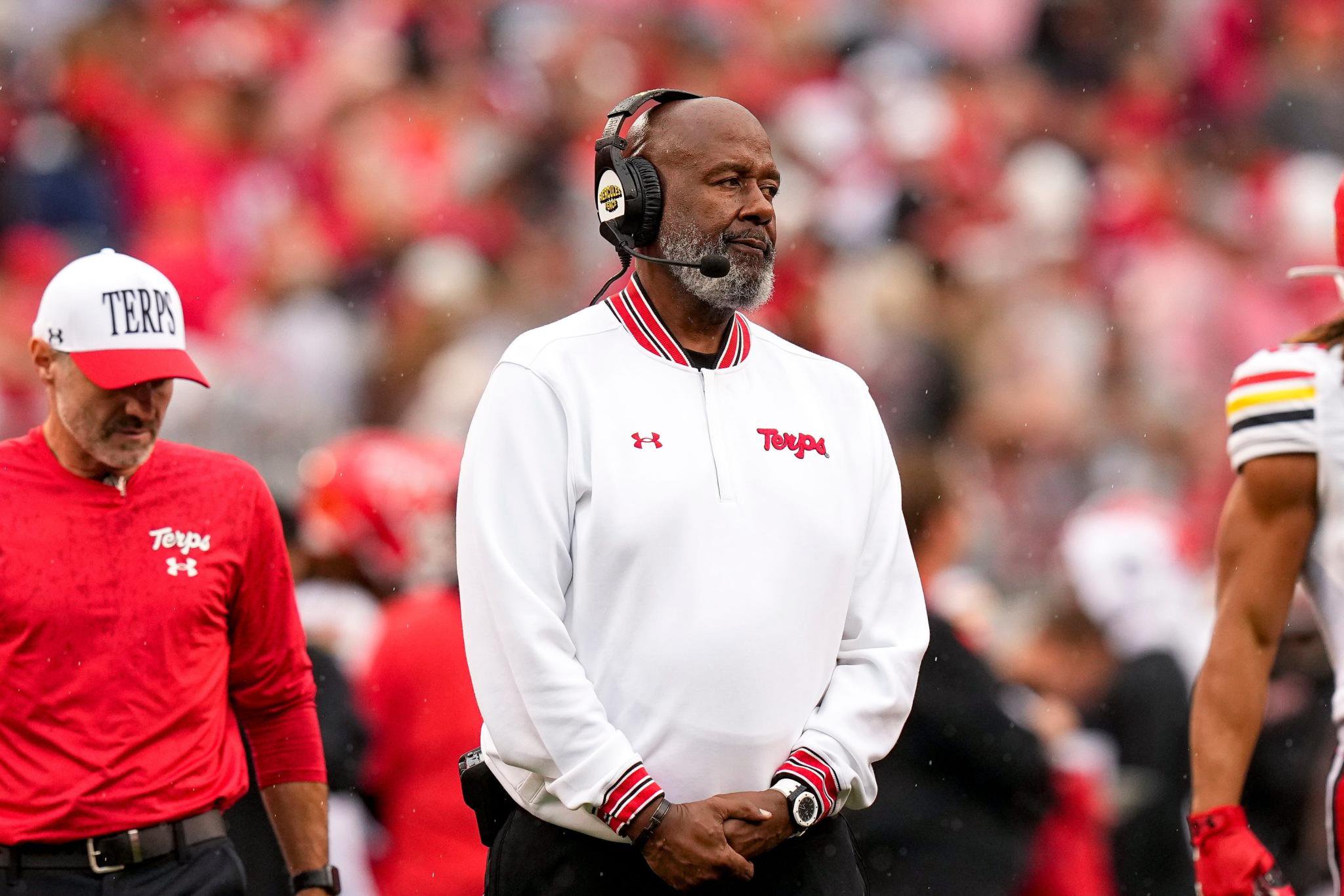 Maryland Terrapins head coach Mike Locksley reacts during a game.