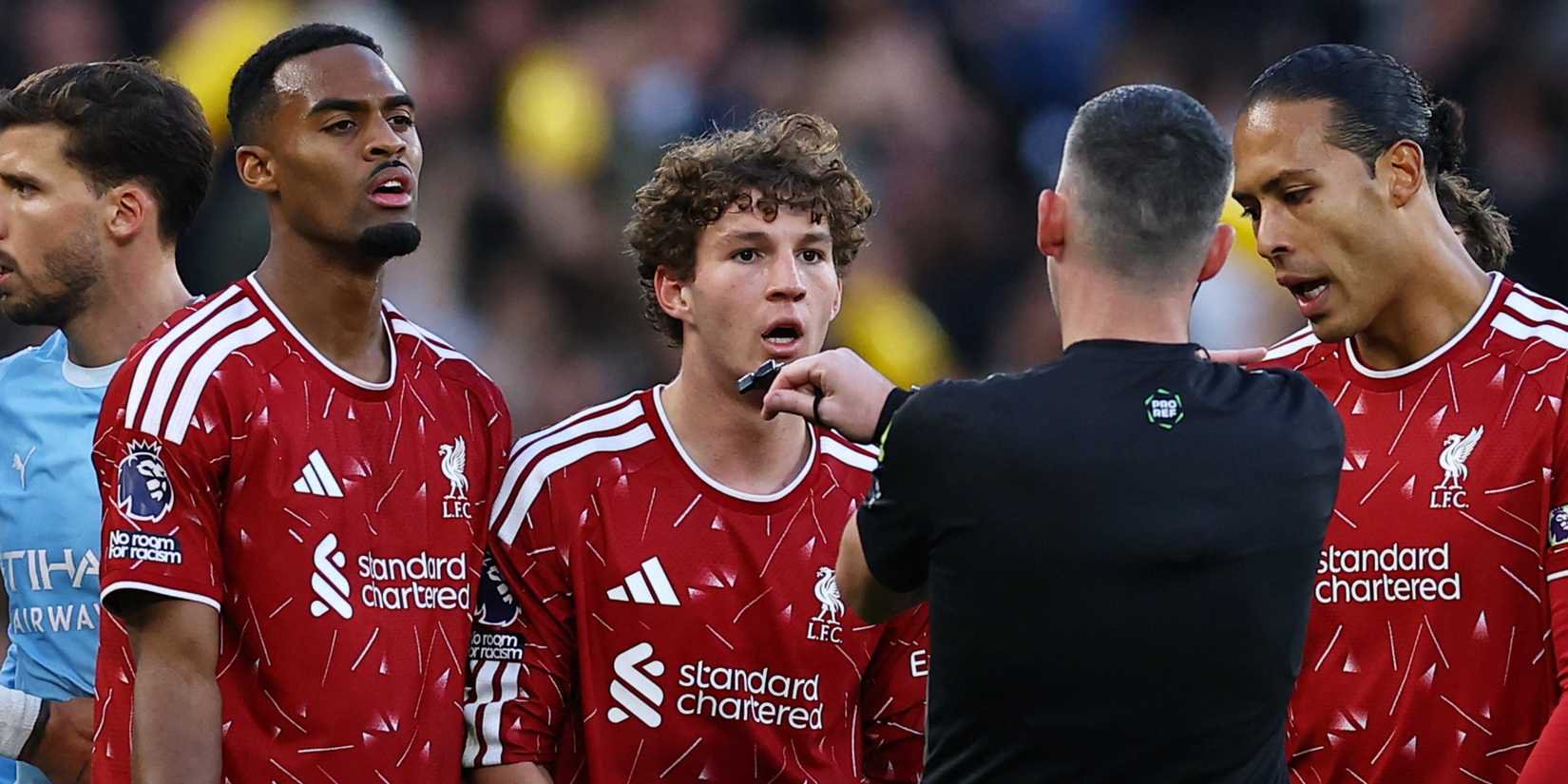 Liverpool's Ryan Gravenberch reacts after he is shown a red card by referee Chris Kavanagh