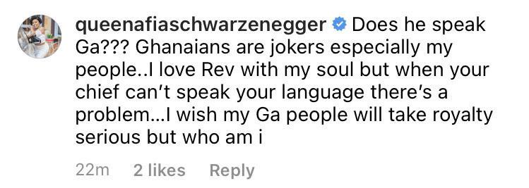 Afia Schwarzenegger isn't happy about Rev Obofour's chieftancy title