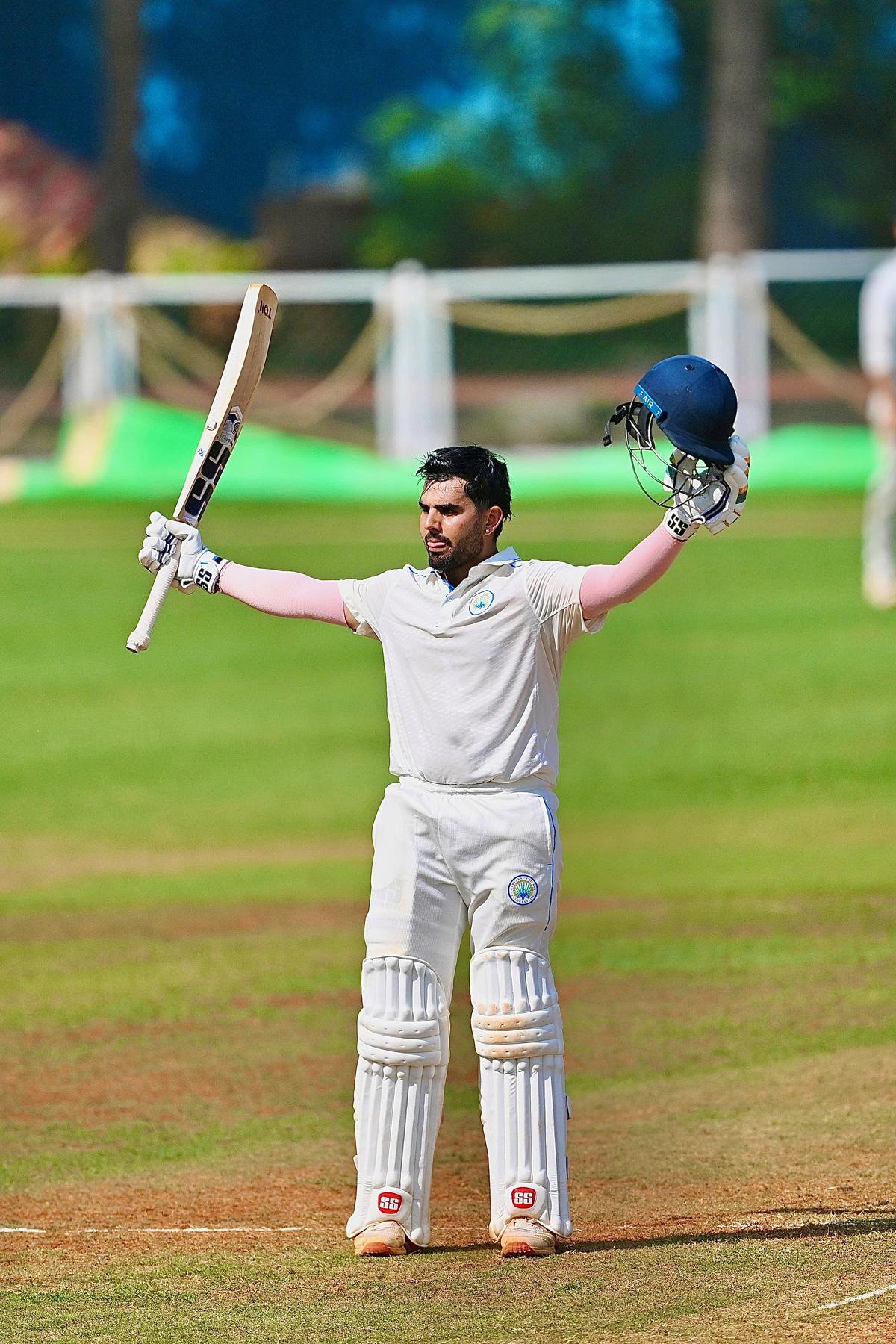 Haryana’s Nishant Sindhu celebrates getting his century on the third day of Ranji Trophy match against Mumbai at the MCA BKC Ground in Mumbai on Wednesday, October 29, 2026.