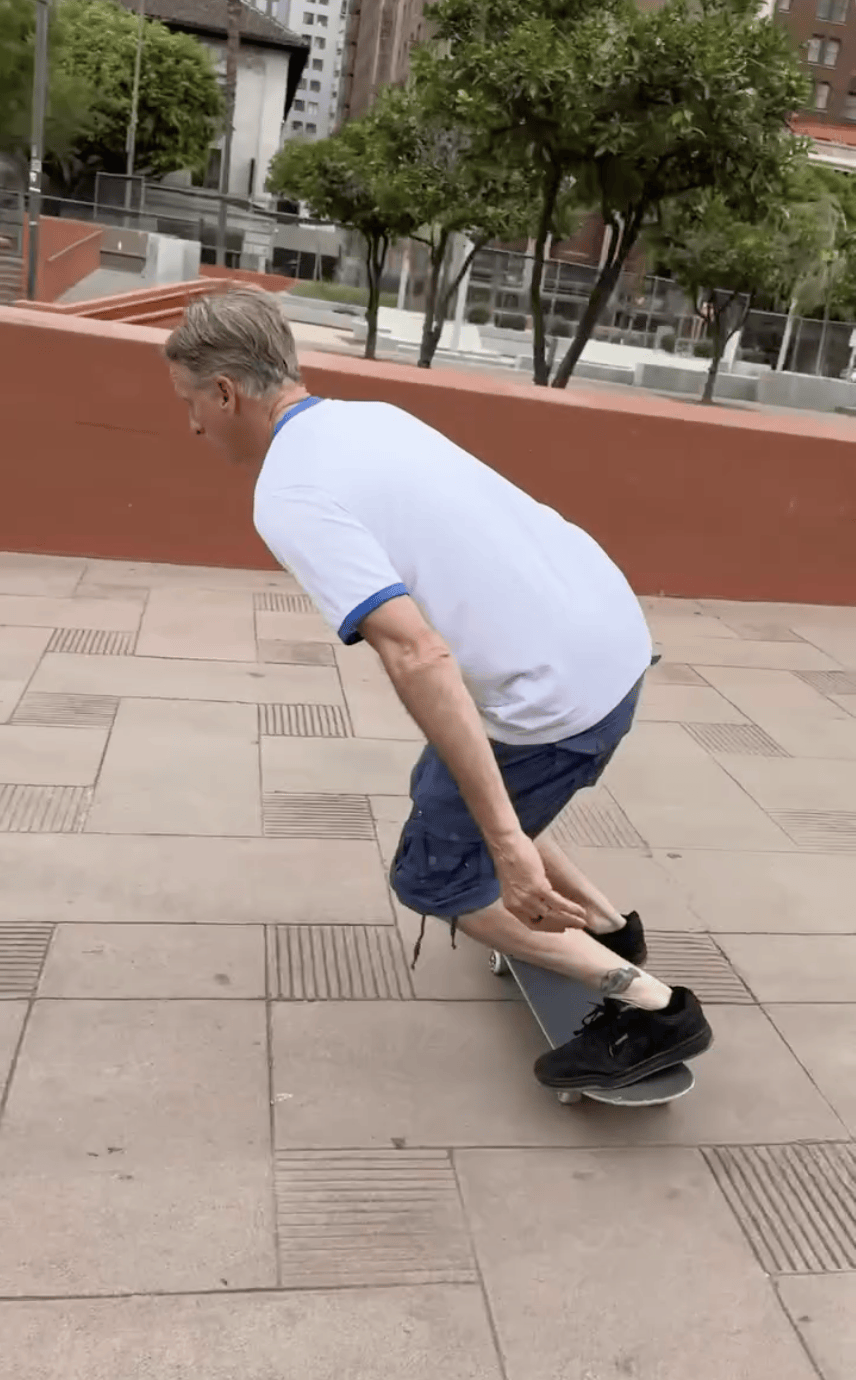 Tony Hawk skates at Pershing Square in downtown Los Angeles.