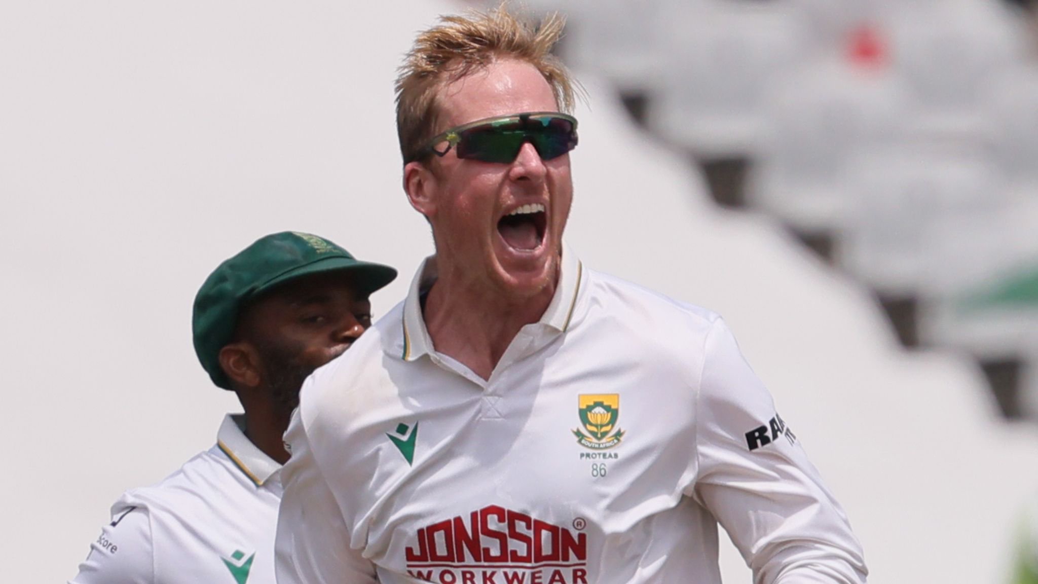 South Africa's Simon Harmer celebrates the second of the six wickets he took on day five at Newlands (AP Photo/Halden Krog)