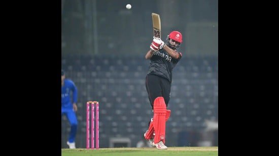 Yuvraj Samra of Canada, named after Yuvraj Singh, his father’s favourite cricketer, bats during a warm-up match with Italy in Chennai. (ICC via Getty Images)