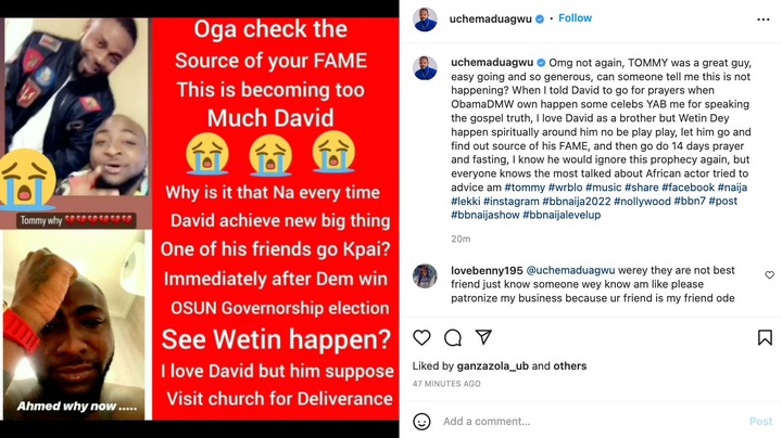 ‘Davido Needs To Find Out Source Of His Fame,’ Uche Maduagwu Reacts To Death Of Davido’s Close Friend, Tommy