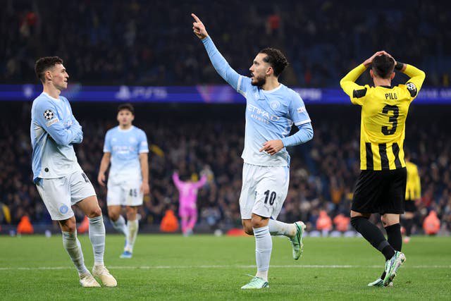 Rayan Cherki celebrates netting City’s second against AEK Athens