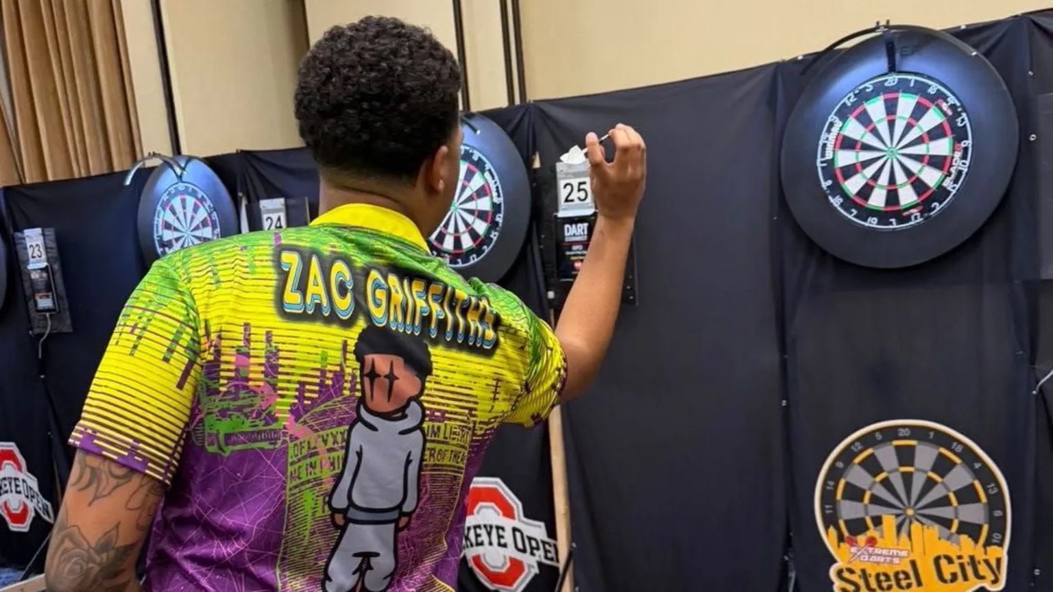 Zac Griffiths Zac Griffiths stands in front of a dart board, ready to throw a dart. He wears a yellow and purple polo shirt with his name, 'Zac Griffiths', written across the top of the back. There is also a cartoon version of himself on the shirt. Zac has dark brown hair.