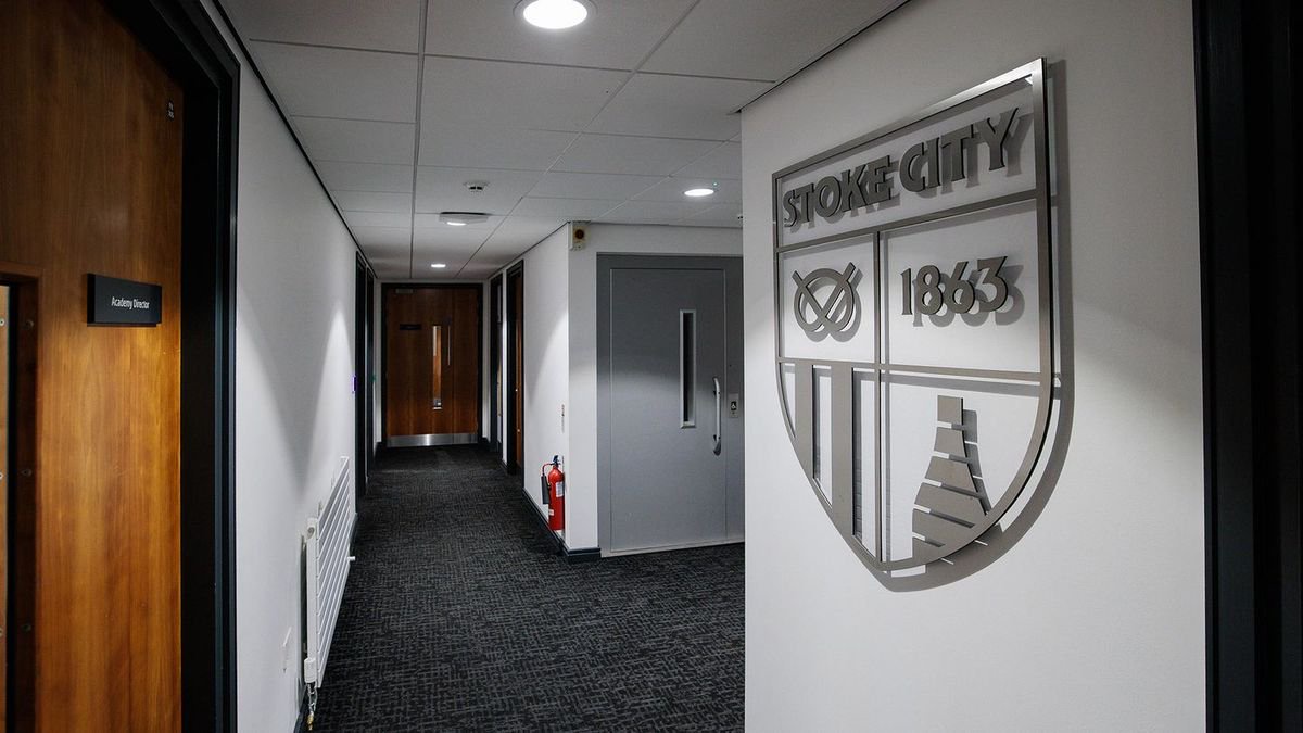 The new Stoke City club badge on a wall at the training ground.
