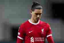 Darwin Nunez of Liverpool FC looks down while leaving the pitch during the UEFA Europa League 2023/24 Quarter-Final second leg match between Atalan...