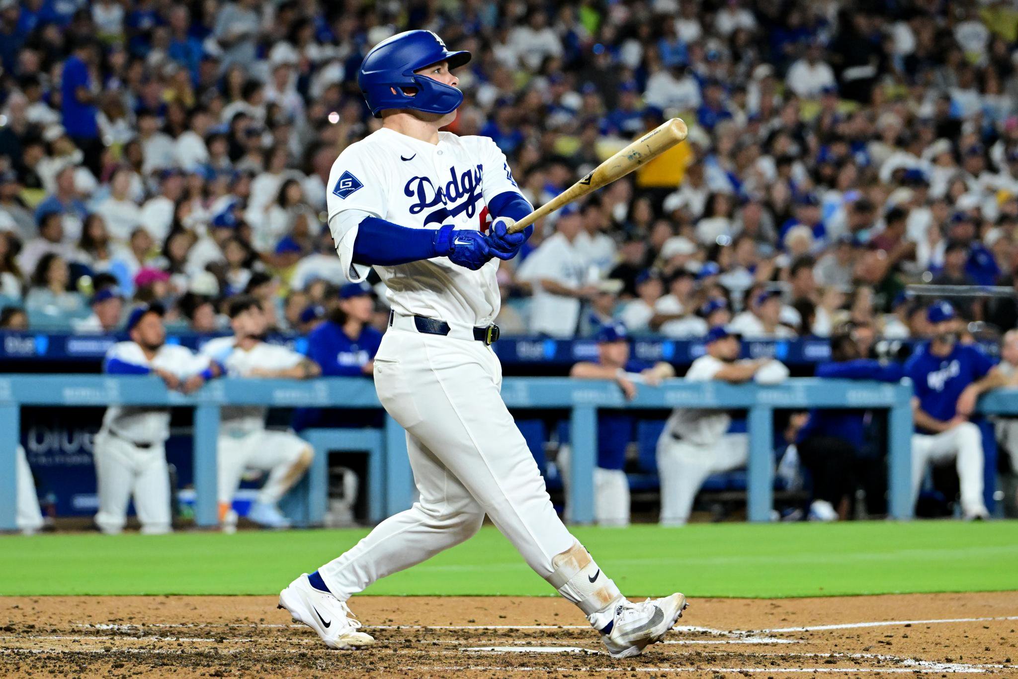 Los Angeles Dodgers' Dalton Rushing hits a three-run home run against the Seattle Mariners.