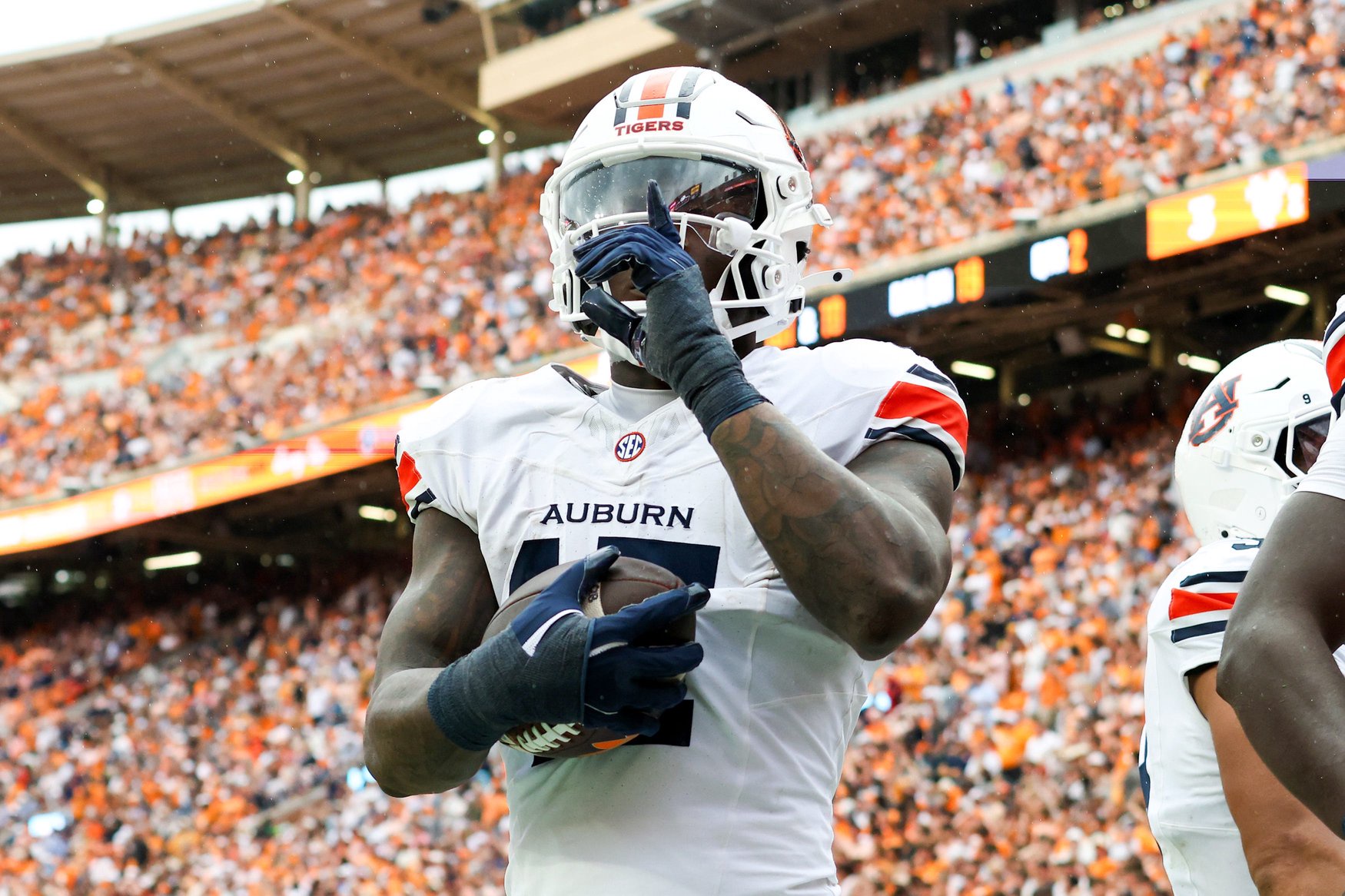 Oct 3, 2026; Knoxville, Tennessee, USA;  Auburn Tigers linebacker Xavier Atkins (17) reacts after an interception against the Tennessee Volunteers during the second quarter at Neyland Stadium.  Mandatory Credit: Randy Sartin-Imagn Images