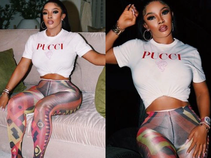 Toke Makinwa rocked crop top and vibrant tight pants (Photos)