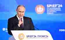 Russian President Vladimir Putin delivers a speech at the St. Petersburg International Economic Forum in St. Petersburg. -/Kremlin/dpa