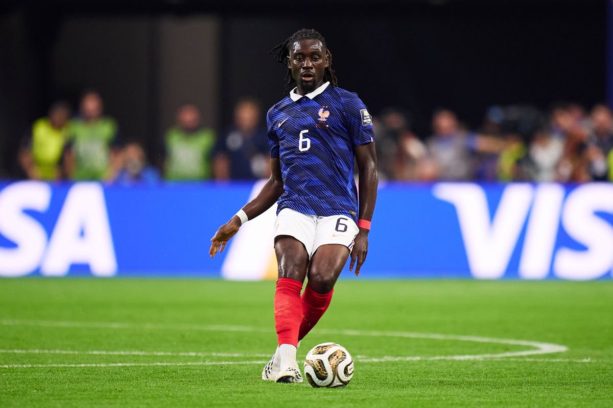 ARLINGTON, TEXAS - JULY 14: Kouadio Kone of France passes the ball during the FIFA World Cup 2026 Semi Final match between France and Spain at Dallas Stadium on July 14, 2026 in Arlington, Texas. (Photo by Juan Luis Diaz/Quality Sport Images/Getty Images)