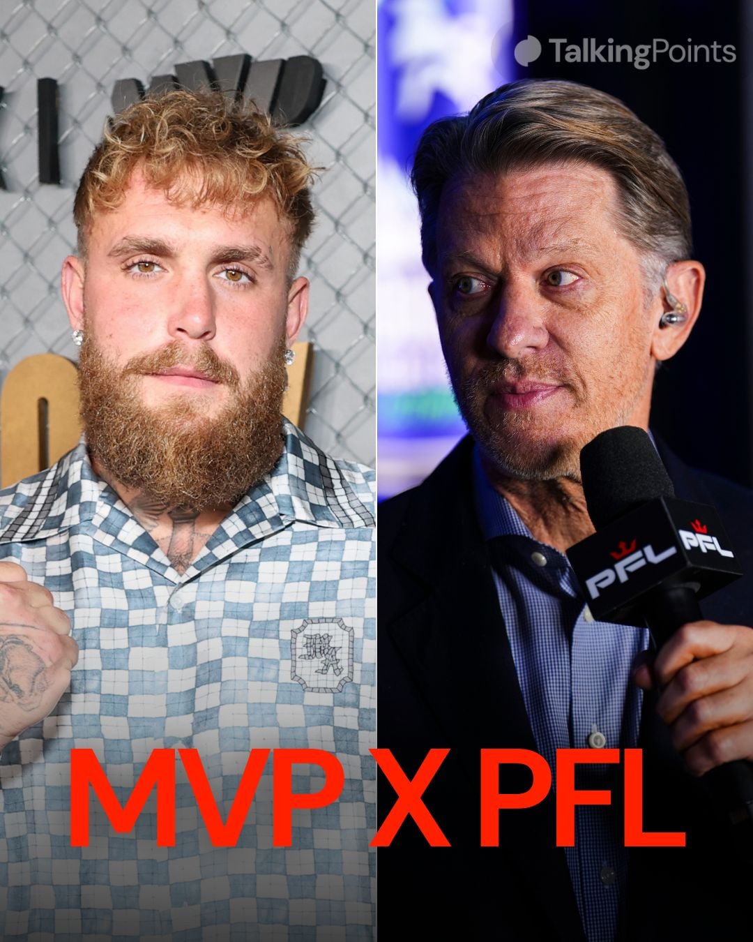 Split image of Jake Paul posing at MVP MMA 1 and John Martin holding a PFL microphone