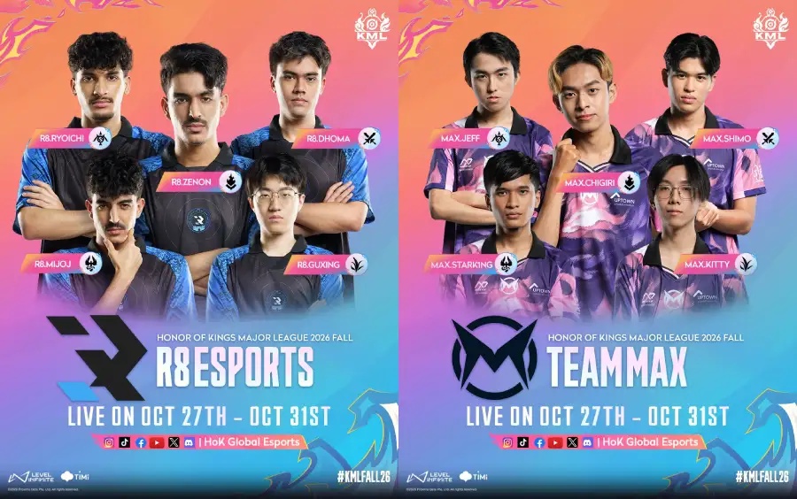 The official poster for the Honor of Kings Major League (KML) Fall 2026 reveals players from participating teams: R8 Esports and Team MAX, names and photos.