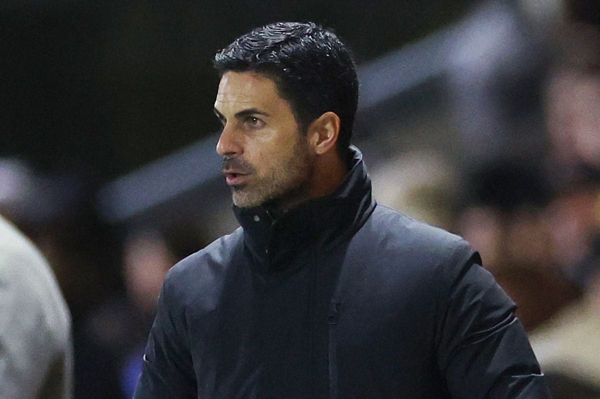 Mikel Arteta, Manager of Arsenal, looks on alongside Matt Lawlor, Manager of Fleetwood Town, during the Carabao Cup Fourth Round match between Fleetwood Town and Arsenal at Highbury Stadium on October 27, 2026 in Fleetwood, England.