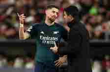 Mikel Arteta head coach of FC Arsenal gives Jorginho of FC Arsenal instructions during the UEFA Champions League quarter-final second leg match bet...