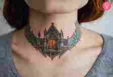 A cathedral tattoo on the neck
