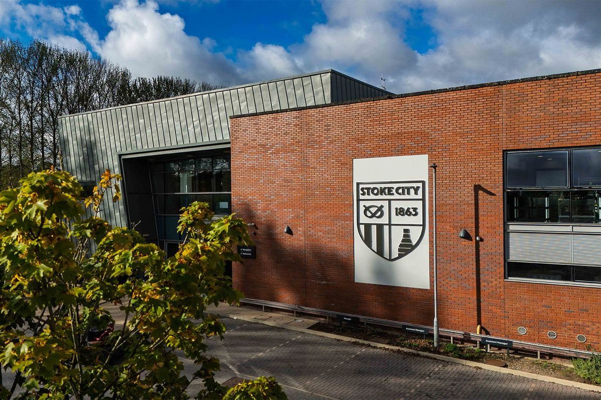Stoke City's Clayton Wood headquarters, with the new club badge on the wall.