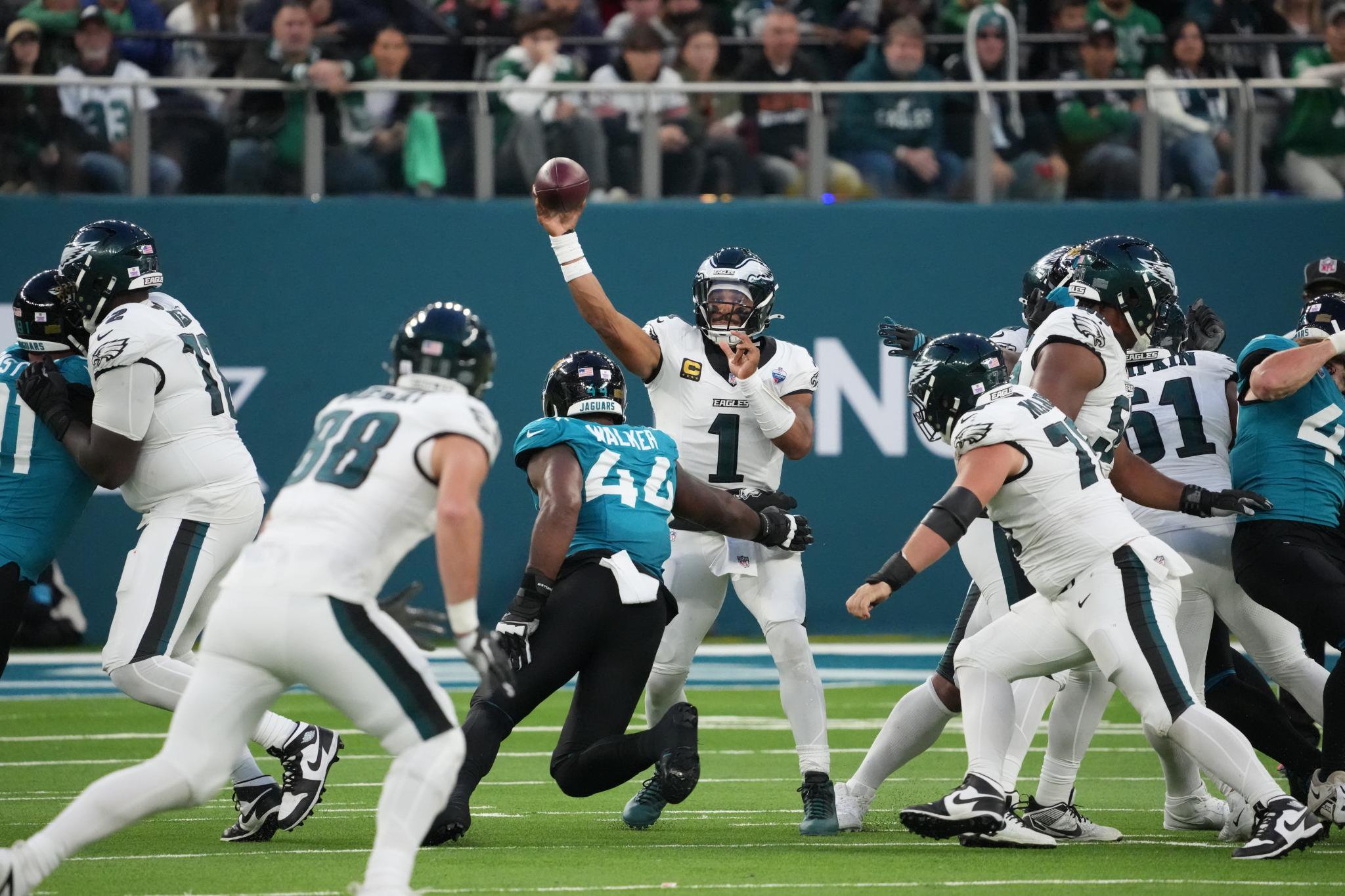 Philadelphia Eagles quarterback Jalen Hurts throws a pass during a game against the Jacksonville Jaguars.
