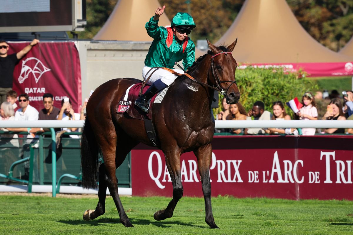 Mickael Barzalona on Daryz after making it back-to-back victories in the Qatar Prix de l'Arc de Triomphe