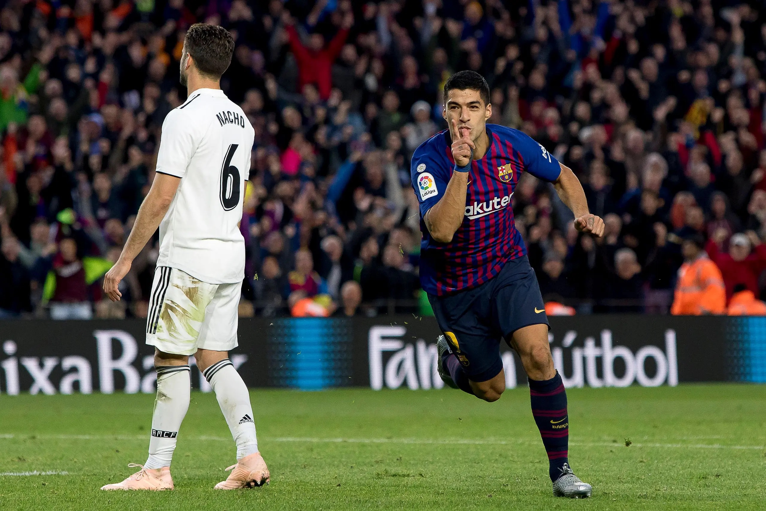 Luis Suárez celebrating a goal vs. Real Madrid.    