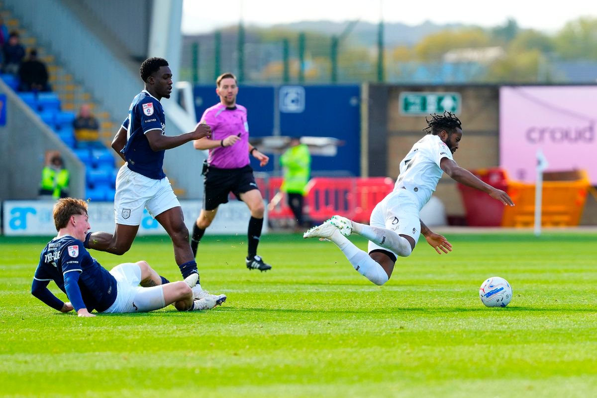 Shaq Forde of Bristol Rovers is fouled during the Sky Bet League 2 match between Shrewsbury Town and Bristol Rovers at The Croud Meadow, Shrewsbury on 17 October 2026 (Photo: Rachel Le Poidevin/PPAUK)