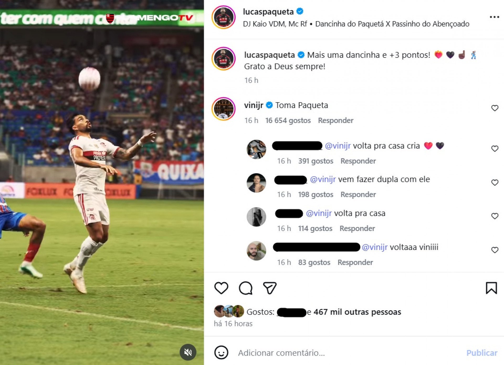 Vini Jr comentou postagem de Lucas Paquetá - Reprodução / Instagram