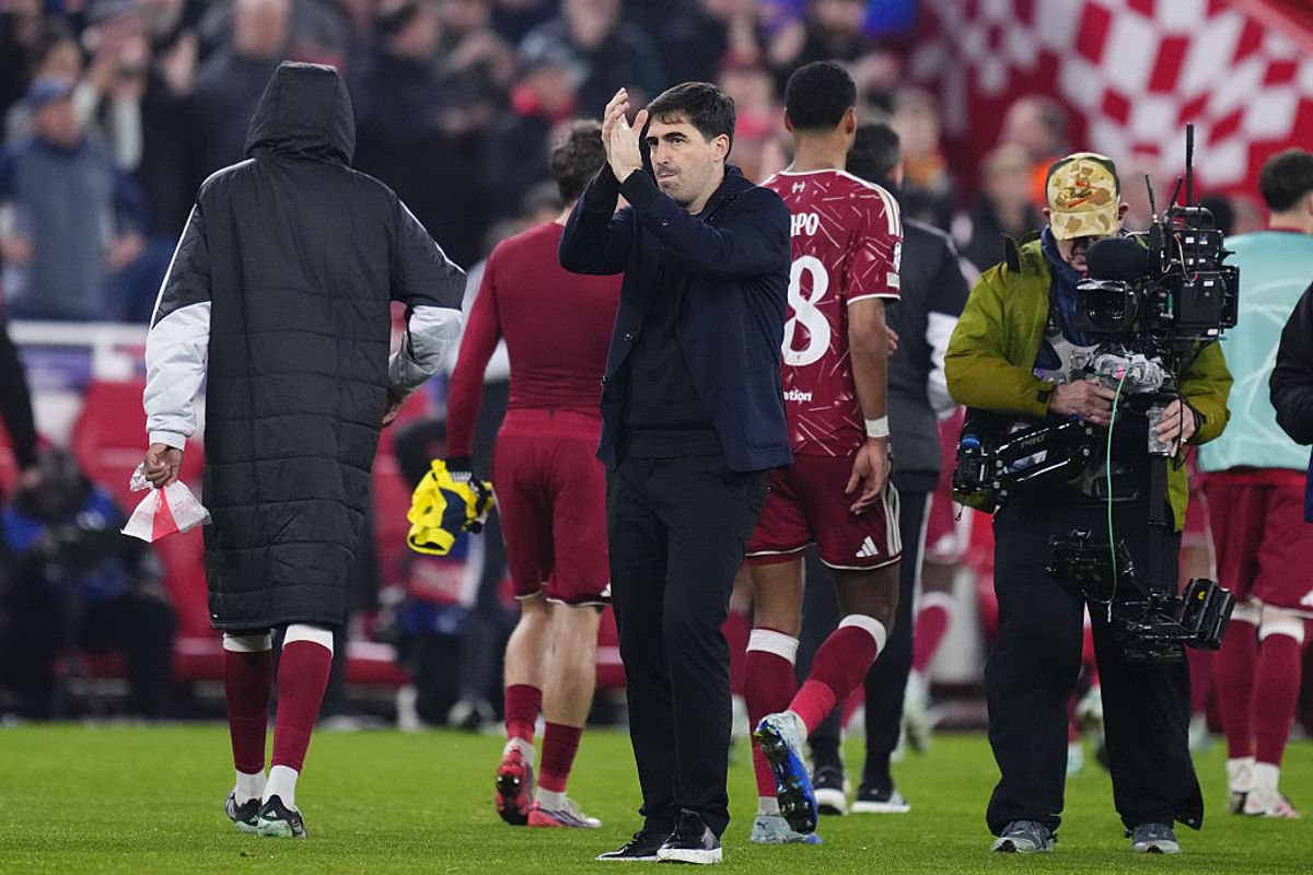 LIVERPOOL, UNITED KINGDOM - OCTOBER 20: Andoni Iraola head coach of Liverpool celebrates the victory after winning the UEFA Champions League 2026/27 League Phase MD3 match between Liverpool FC and Villarreal CF at Anfield on October 20, 2026 in Liverpool, United Kingdom. (Photo by Jose Hernandez/Anadolu via Getty Images)