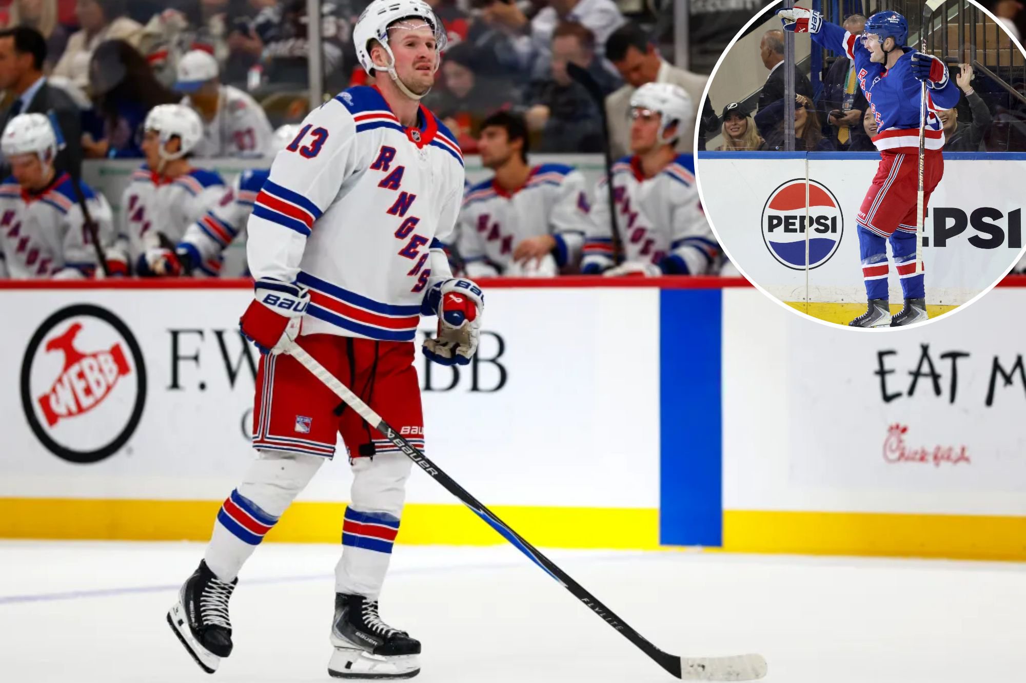 An image collage containing 2 images, Image 1 shows New York Rangers left wing Alexis Lafreniere (13) on the ice during a game against the New Jersey Devils, Image 2 shows New York Rangers left wing Alexis Lafreniere reacts after scoring a second goal