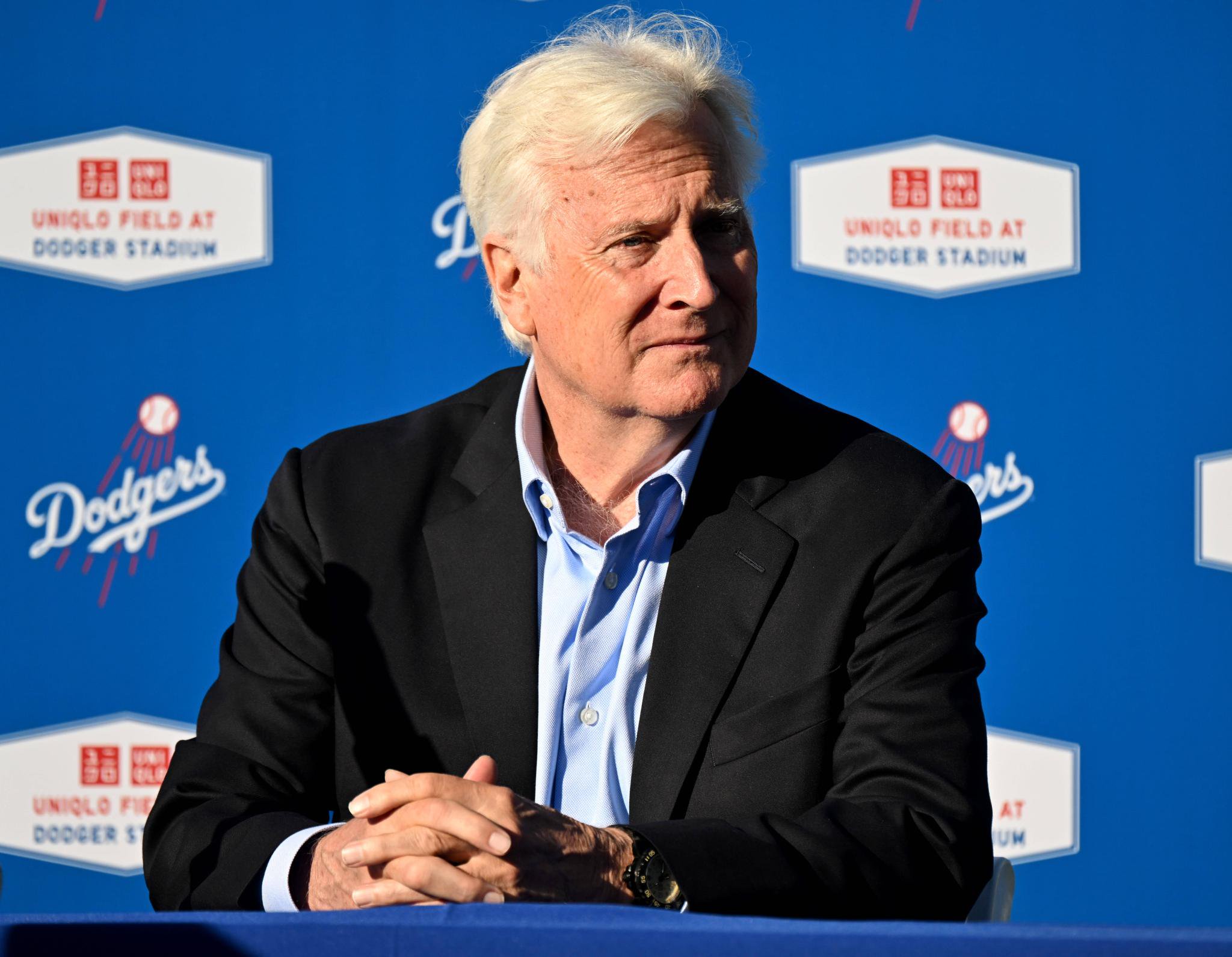 Los Angeles Dodgers chairman Mark Walter speaks during a press conference announcing a partnership between the Los Angeles Dodgers and UNIQLO at Dodger Stadium in Los Angeles on Wednesday, March 25, 2026. 