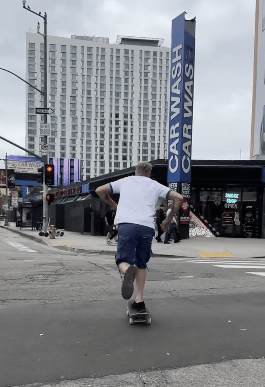 Tony Hawk skateboarding in Pershing Square in downtown Los Angeles.