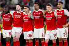 Players of Arsenal FC (L-R: Jurrien Timber, Noni Madueke, Gabriel Martinelli, Eberechi Eze, Declan Rice, Martin Zubimendi, Gabriel Magalhaes, Viktor Gyokeres, William Saliba) react during the penalty shootout of the UEFA Champions League 2025/26 final football match between Paris Saint-Germain FC and Arsenal FC. 