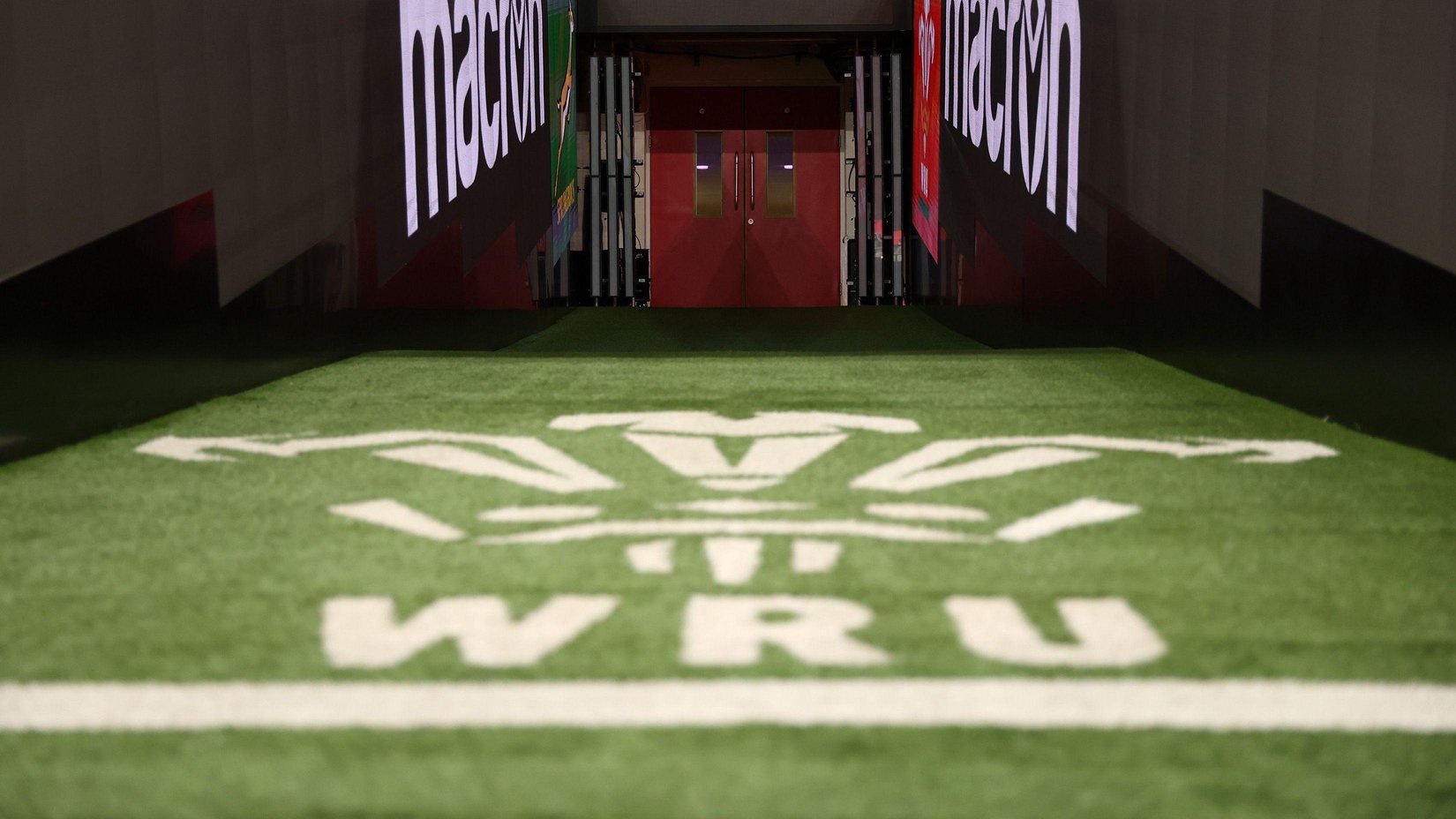 WRU logo on grass in front of player's tunnel at the Principality Stadium