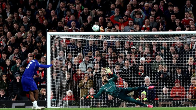 Chelsea's French defender #03 Wesley Fofana fails to score from the penalty spot during the English League Cup fourth round football match between Liverpool and Chelsea at Anfield in Liverpool, north west England on October 28, 2026.