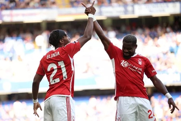 Anthony Elanga of Nottingham Forest celebrates with teammate Serge Aurier