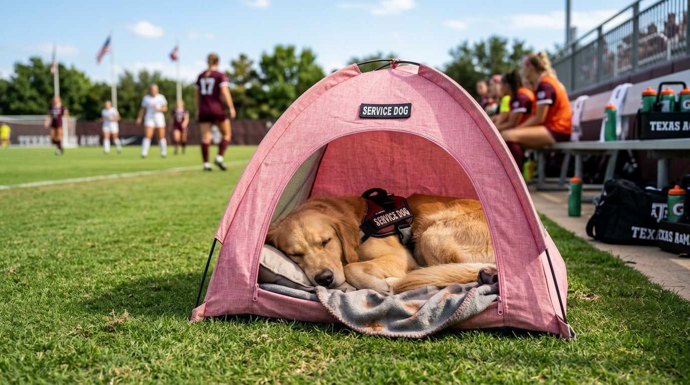 Chienne d'assistance abritée dans une tente rose au bord d'un terrain de sport universitaire.