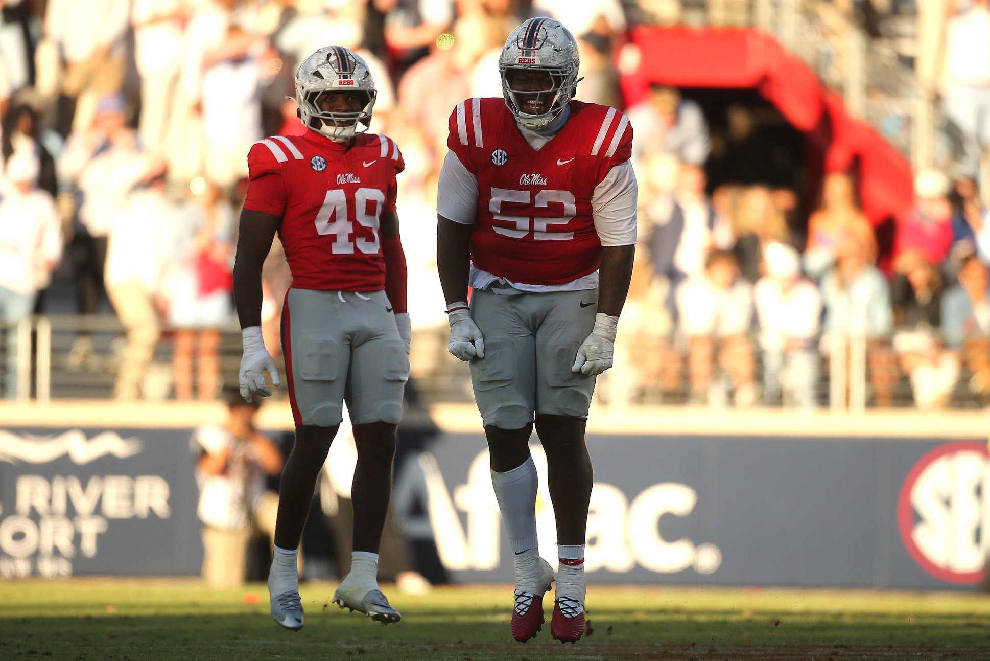 Oct 17, 2026; Oxford, Mississippi, USA;  Mississippi Rebels defensive tackle Will Echoles (52) celebrates after a sack during the second half against the Missouri Tigers at Vaught-Hemingway Stadium.  Mandatory Credit: Petre Thomas-Imagn Images
