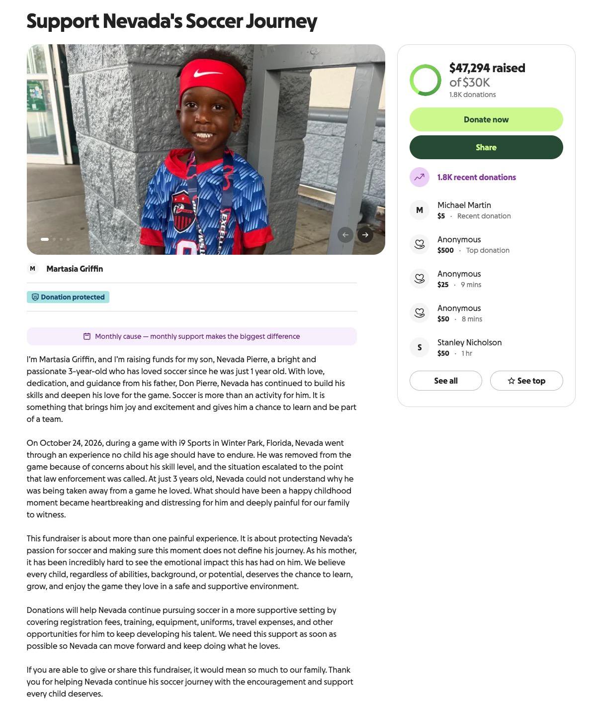 A GoFundMe page titled Support Nevada's Soccer Journey, showing a photo of a young boy in a soccer uniform and a fundraising progress tracker.