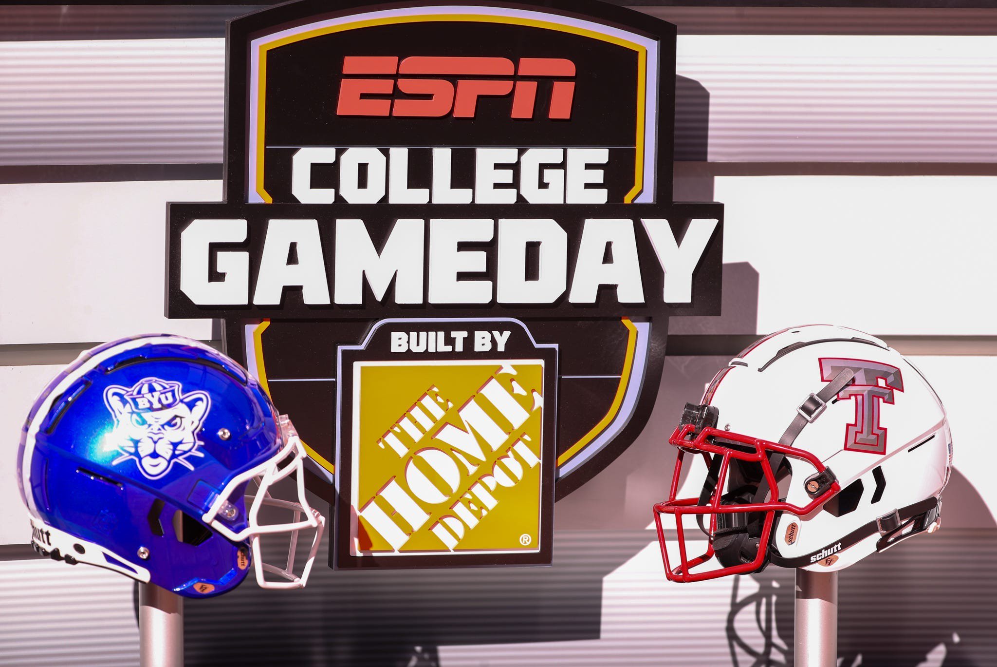 Helmets for Texas Tech and BYU are displayed on the College GameDay set