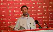 (THE SUN OUT. THE SUN ON SUNDAY OUT)  Jurgen Klopp manager of Liverpool at his final Press Conference at AXA Training Centre on May 17, 2024 in Kir...