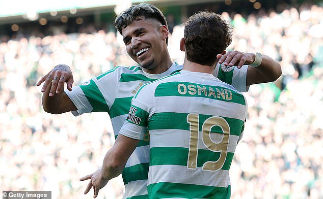 Callum Osmand celebrates with fellow striker Camilo Duran after scoring Celtic's third goal